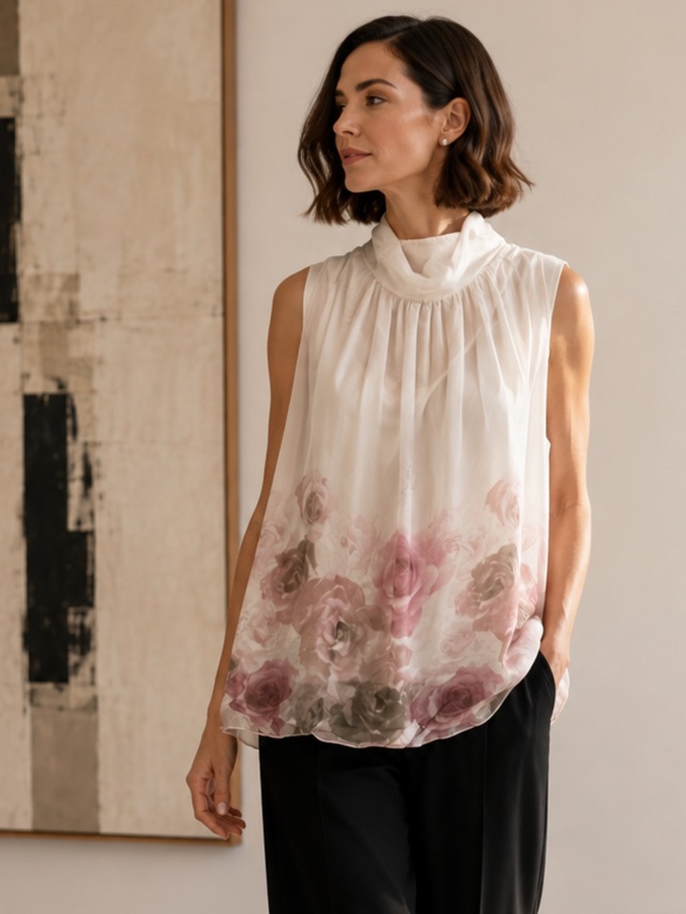 NWT BELLE FRANCE Quiet Luxury Silk Chiffon Rose Print Mock Neck Blouse, XL